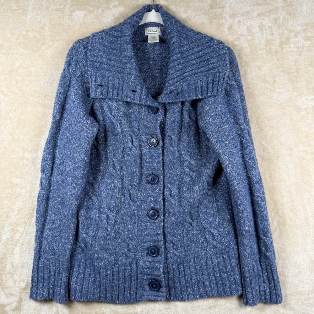 LL Bean Womens M Blue Marled Cable Knit Wool Blend Cardigan Sweater Cabin Rustic
